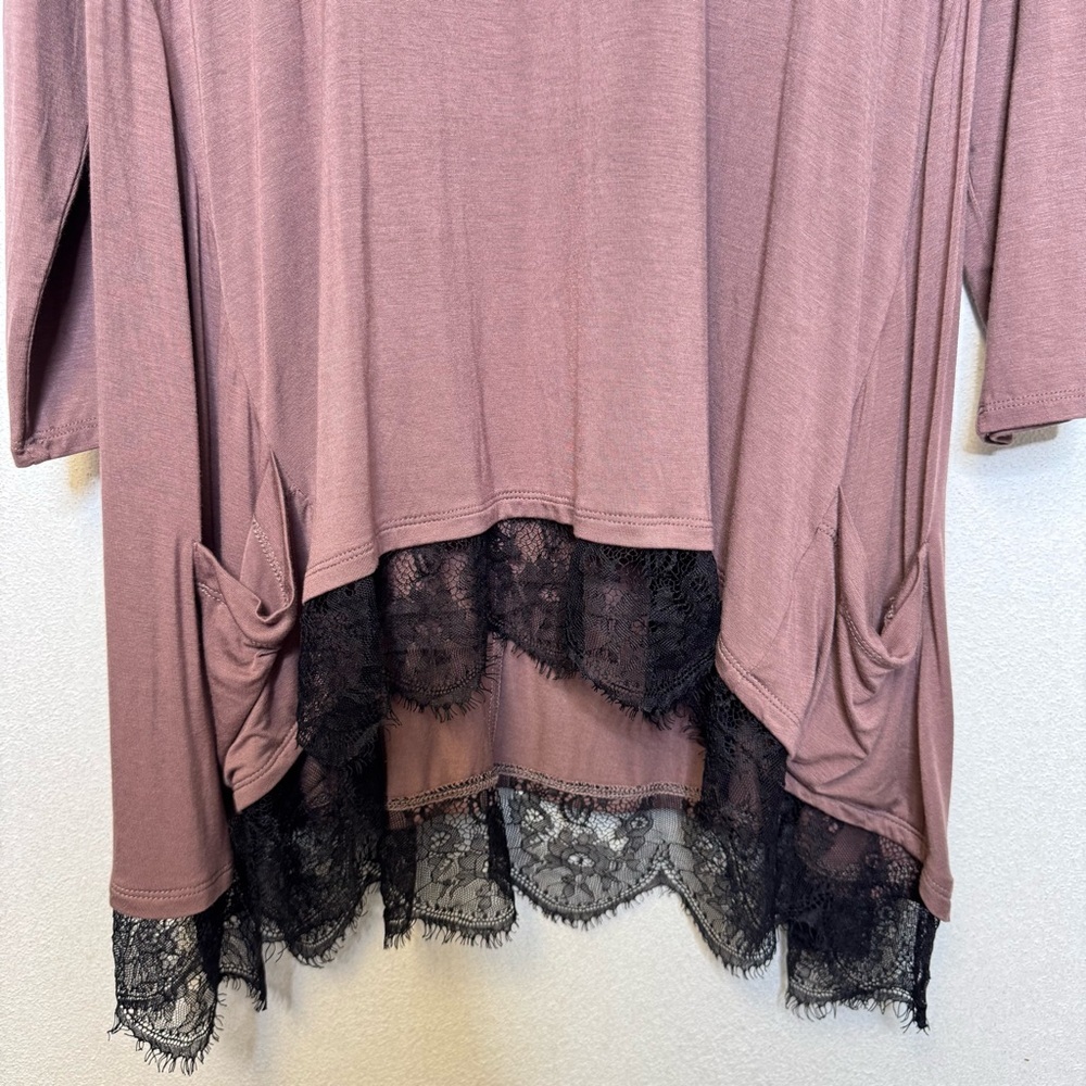LOGO Lori Goldstein Purple Toned Brown Stretch Lace Tunic 3/4 Sleeve Shirt 1X - Picture 6 of 12
